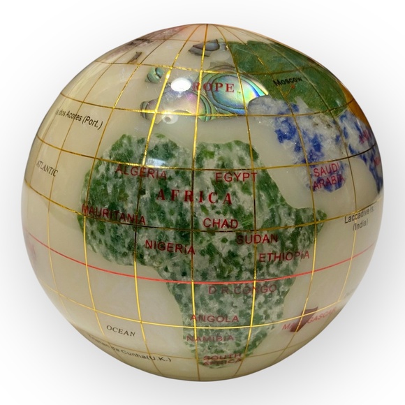 3” Gemstone Globe Paperweight with Opalite Ocean Semi-Precious Stone World Map - Picture 4 of 11
